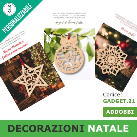 Decorazioni natalizie di legno con biglietto da personalizzare per gadget aziendale