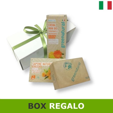 box regalo con crema mani e sapone calendula. Idea regalo ecobio